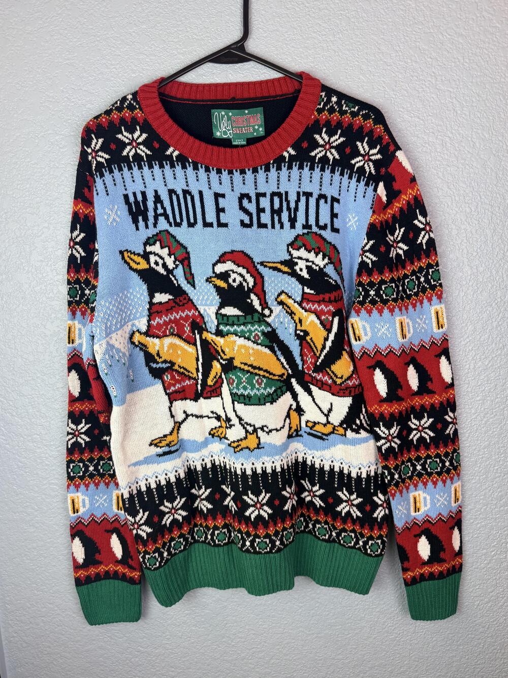 Ugly Christmas Sweater Mens Medium Black Waddle Service Penguins Knit Pullover